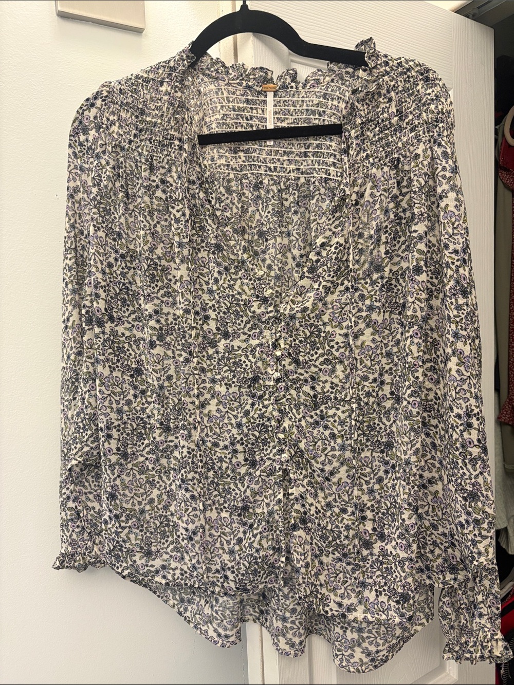 Free People White Floral Smocked V-Neck Blouse with Lavender and Navy Print